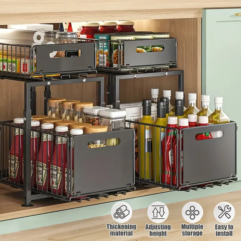 Adjustable Under Sink Storage Rack - 2 Tier Pull Out Cabinet Organiser Sliding Baskets
