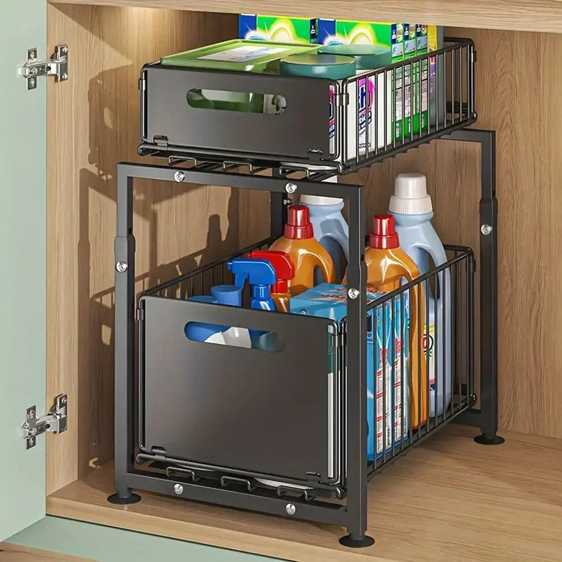 Adjustable Under Sink Storage Rack - 2 Tier Pull Out Cabinet Organiser Sliding Baskets