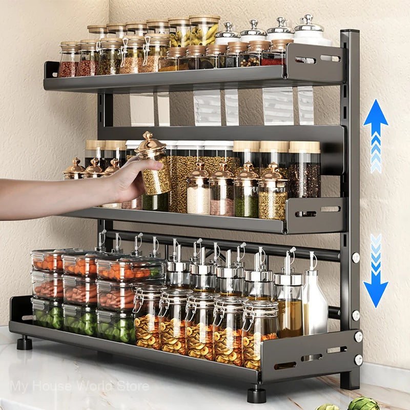 3-Tier Adjustable Spice Storage Rack - Black Metal Kitchen Organiser for Countertop & Cabinet