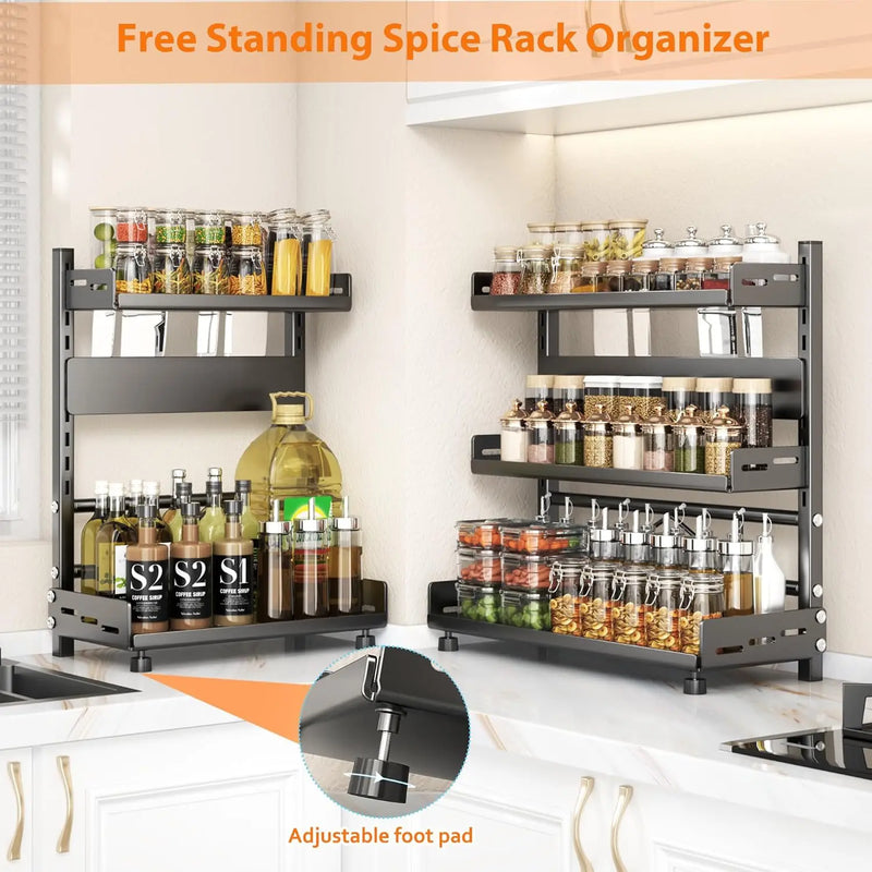 3-Tier Adjustable Spice Storage Rack - Black Metal Kitchen Organiser for Countertop & Cabinet