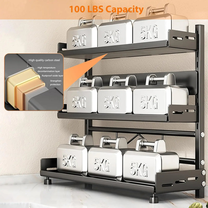 3-Tier Adjustable Spice Storage Rack - Black Metal Kitchen Organiser for Countertop & Cabinet
