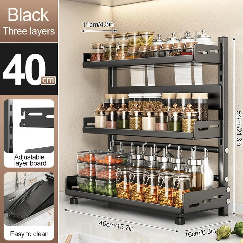 3-Tier Adjustable Spice Storage Rack - Black Metal Kitchen Organiser for Countertop & Cabinet