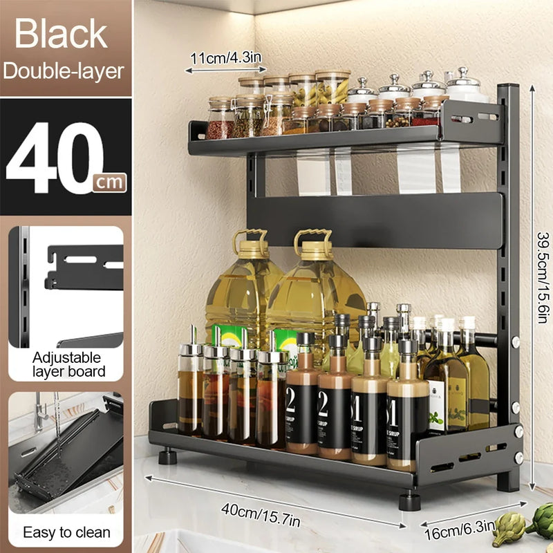 3-Tier Adjustable Spice Storage Rack - Black Metal Kitchen Organiser for Countertop & Cabinet