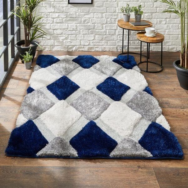 3D Navy Geometric Shaggy Rug