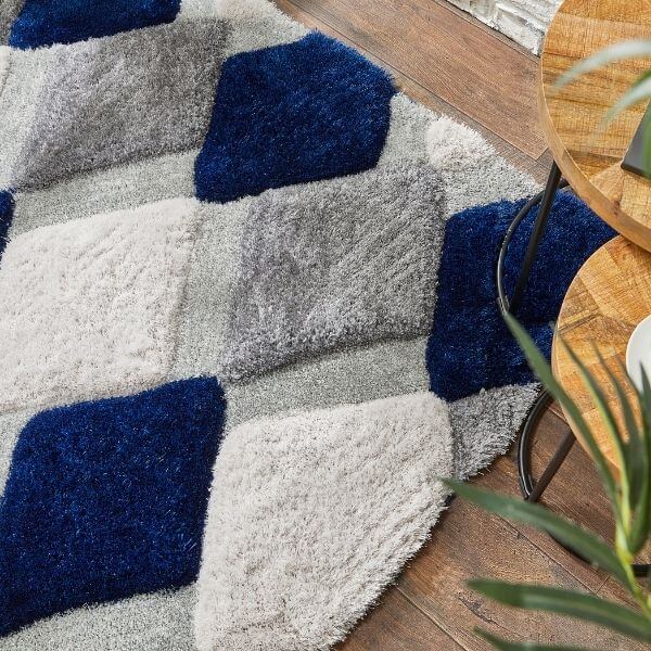 3D Navy Geometric Shaggy Rug