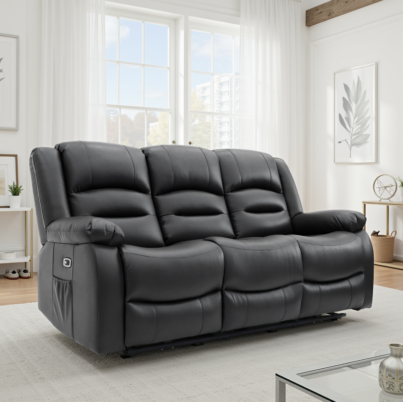 Alva Black 3 Seater Electric Recliner Sofa: USB, Cupholders & Storage