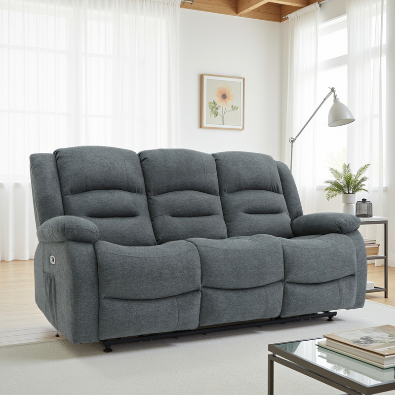 Alva Graphite Electric Recliner 3 Seater Sofa: USB-C, Cupholders, Storage
