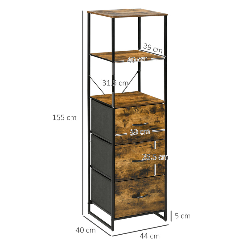 HOMCOM Industrial Storage Cabinet with 2 Shelves 3 Fabric Drawers Rustic Brown
