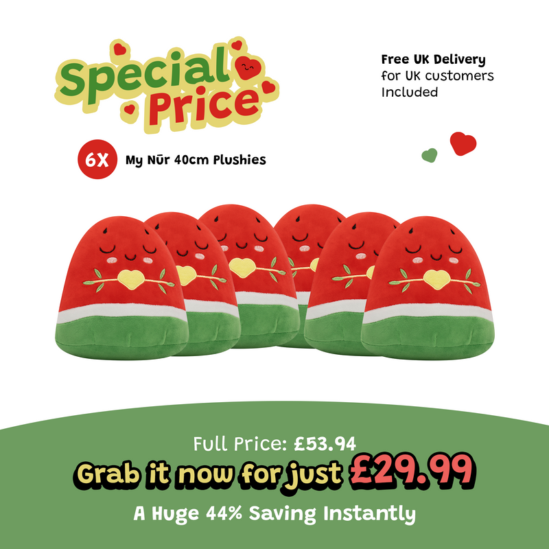 Pack of 6 Nūr Watermelon Plushies -  20cm Soft Cuddly Pillow Adorable Muslim Doll [SPECIAL DEAL]  | Ramadan & Eid Gift