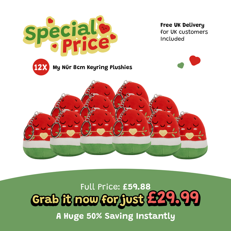 Pack of 12 - 8cm Nür the Watermelon Plushie Keyrings [SPECIAL DEAL] | Soft Cuddly Toy | Ramadan & Eid Gift