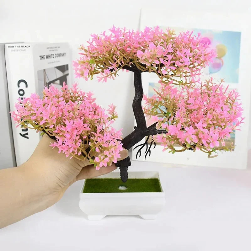 Artificial Bonsai Plant - Small Pot with Flowers for Home, Office, Table, Hotel or Garden Decoration