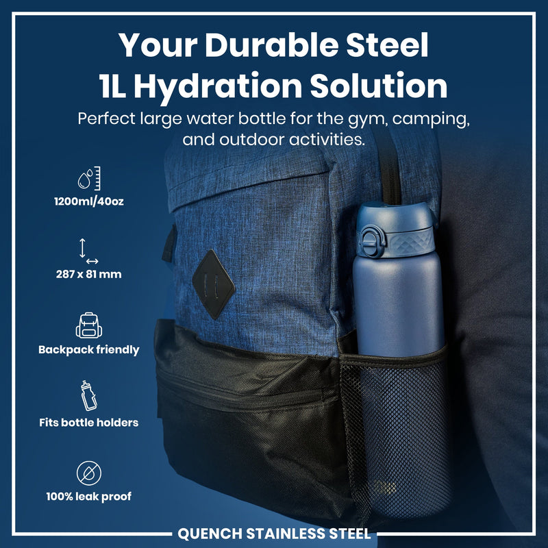 Leak Proof 1 Litre Water Bottle, Stainless Steel, Ash Navy, 1L