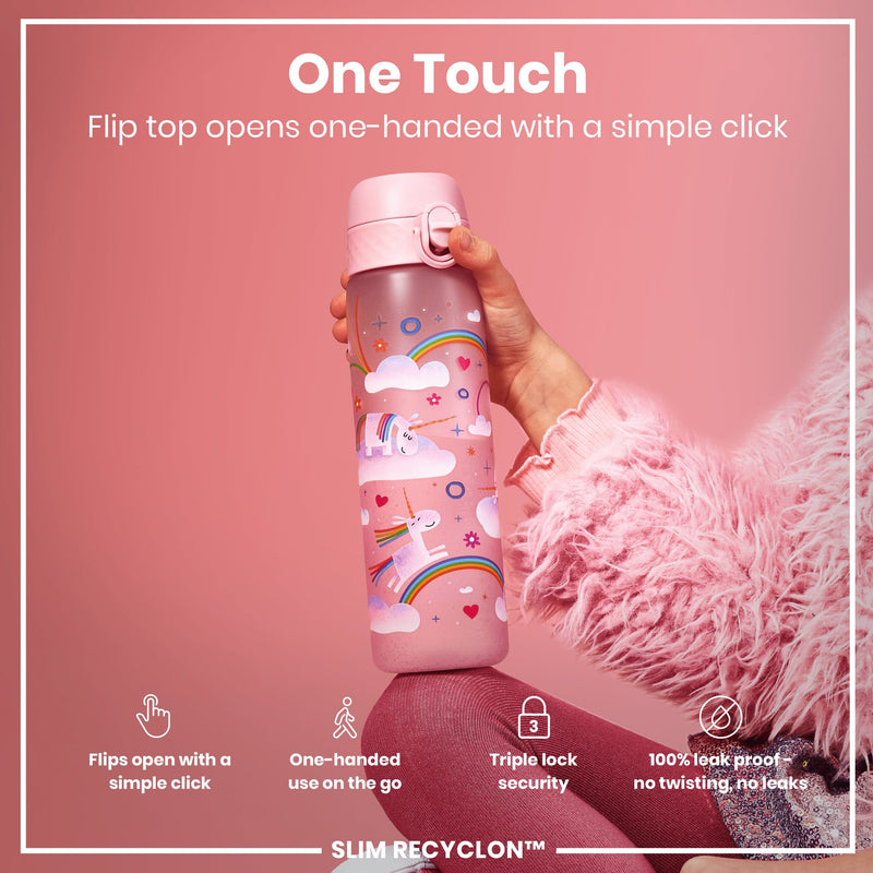 Leak Proof Slim Water Bottle, Recyclon, Unicorn Rainbows, 500ml (18oz)