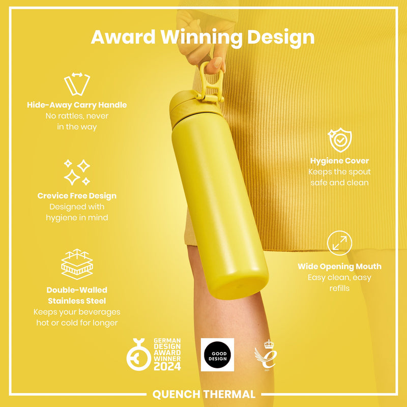 Leak Proof 1 Litre Thermal Water Bottle, Insulated Steel, Yellow, 1L