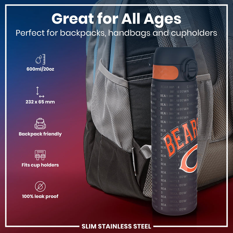 Leak Proof NFL Water Bottle, Stainless Steel, Chicago Bears, 600ml (20oz)