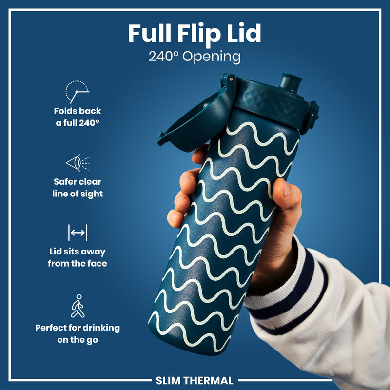 Leak Proof Slim Thermal Water Bottle, Insulated Steel, Wave, 500ml (17oz)