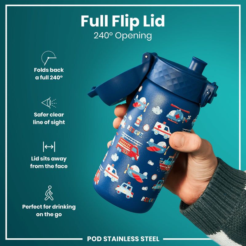 Leak Proof Kids Water Bottle, Stainless Steel, Rescue Vehicles, 400ml (13oz)