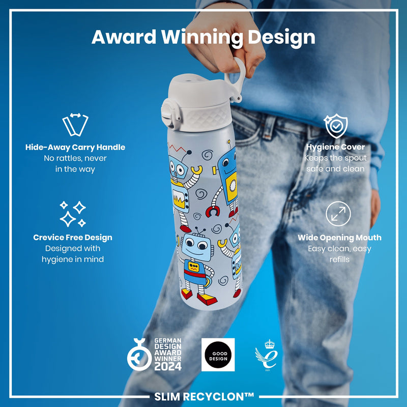 Leak Proof Slim Water Bottle, Recyclon, Robots, 500ml (18oz)