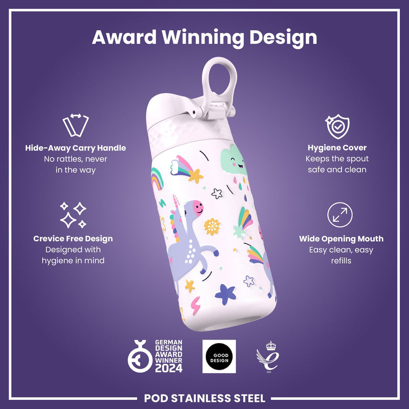Leak Proof Kids Water Bottle, Stainless Steel, Unicorns, 400ml (13oz)