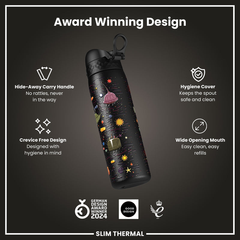 Leak Proof Slim Thermal Water Bottle, Insulated Steel, Spaceships, 500ml (17oz)