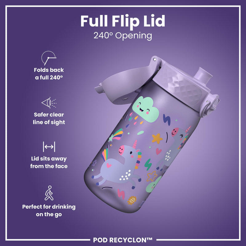 Leak Proof Kids Water Bottle, Recyclon, Purple Unicorns, 350ml (12oz)
