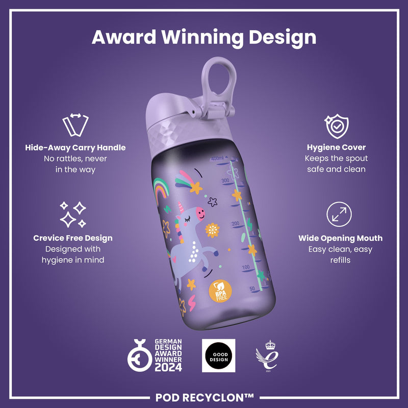 Leak Proof Kids Water Bottle, Recyclon, Purple Unicorns, 350ml (12oz)