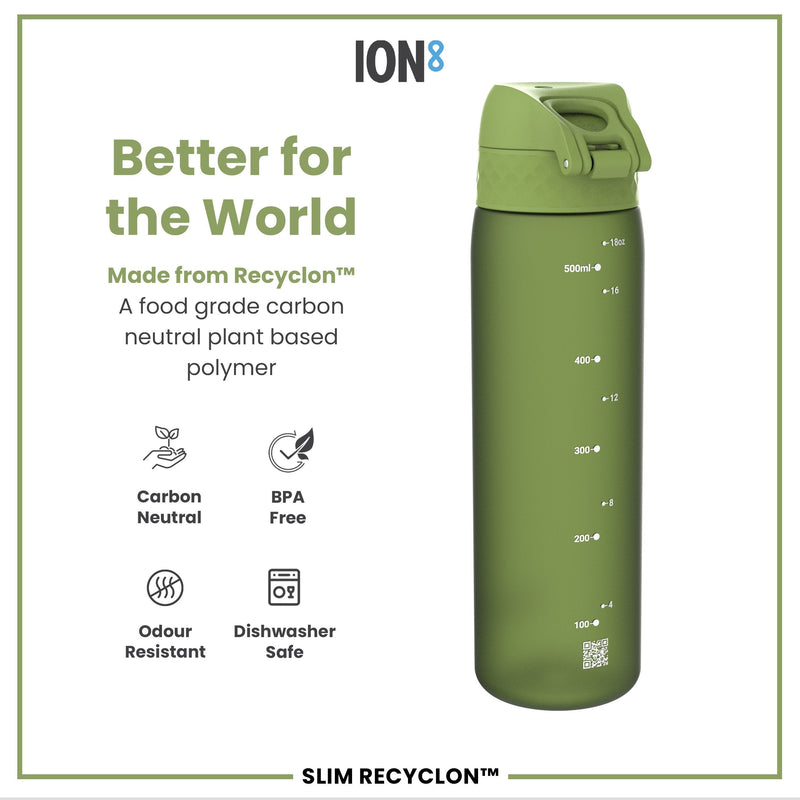 Leak Proof Slim Water Bottle, Recyclon, Khaki Green, 500ml (18oz)
