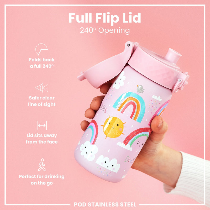 Leak Proof Kids Water Bottle, Stainless Steel, Rainbows, 400ml (13oz)