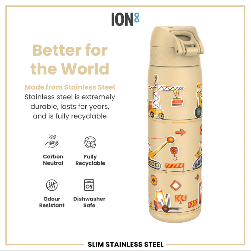 Leak Proof Slim Water Bottle, Stainless Steel, Diggers, 600ml (20oz)