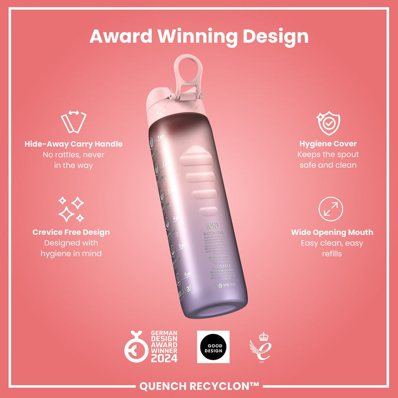 Leak Proof 1 Litre Water Bottle with Times to Drink, Recyclon, Purple & Rose, 1L
