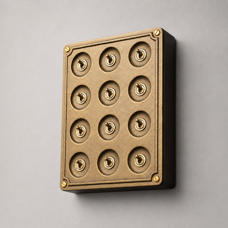 12 Gang 2 Way Bronze Solid Cast Metal Surface Mounting Conduit Light Switch Industrial - BS EN Approved Vintage Crabtree 1950