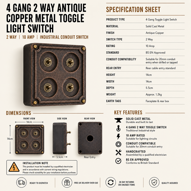 4 Gang 2 Way Solid Antique Copper Metal Surface Mounting Conduit Light Switch Industrial - BS EN Approved