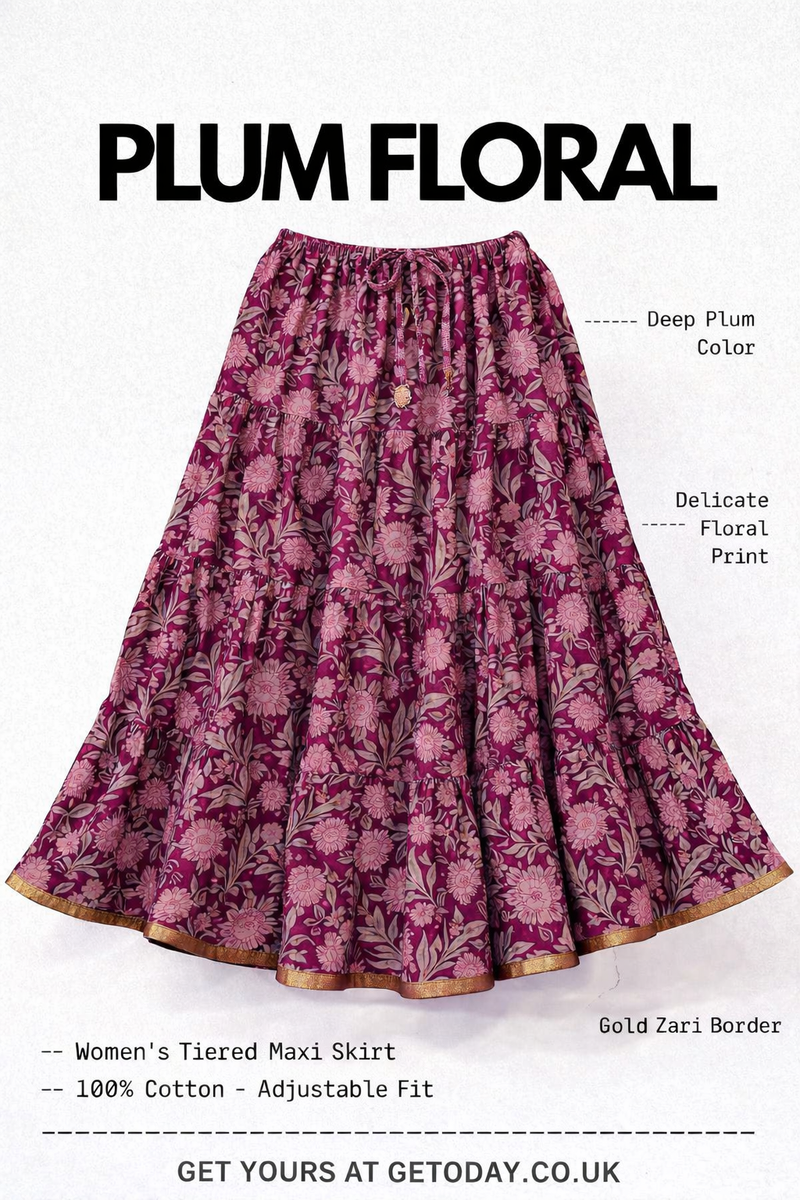 Blackfever Plum Floral Tiered Maxi Skirt with Gold Zari Border