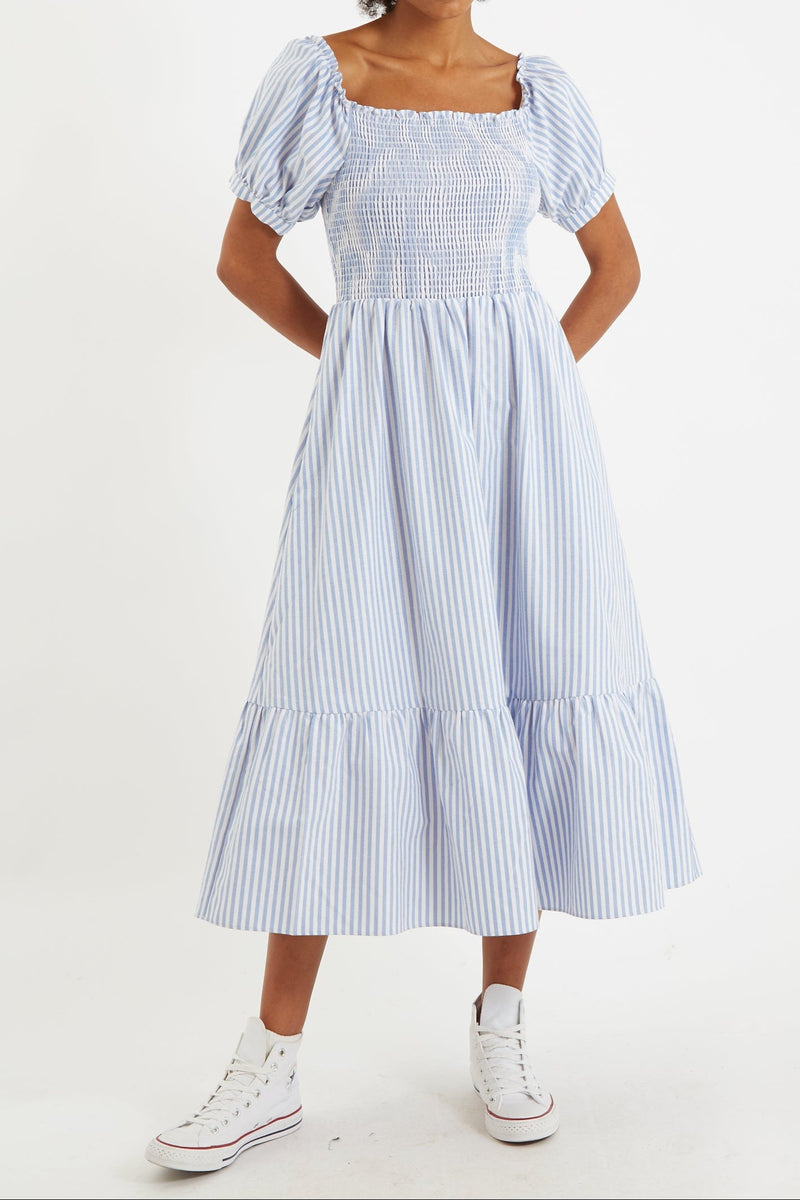 Babette Sail Stripe Shirred Bodice Midi Dress Blue