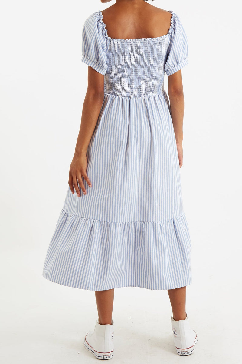 Babette Sail Stripe Shirred Bodice Midi Dress Blue