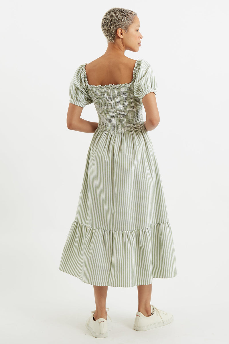 Babette Sail Stripe Shirred Bodice Midi Dress Green