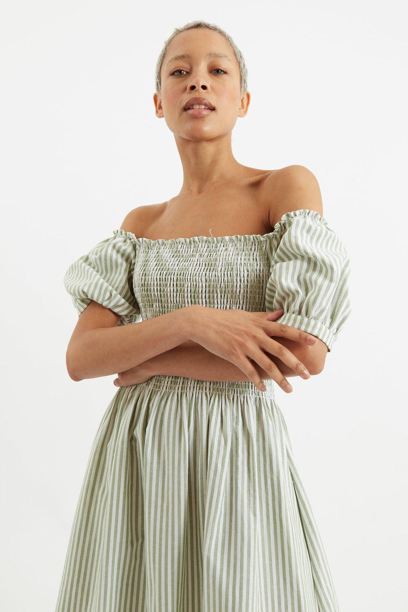 Babette Sail Stripe Shirred Bodice Midi Dress Green