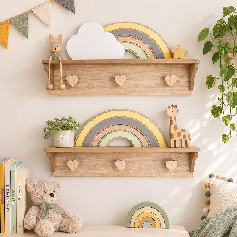 Set Of 2 Wooden Rainbow Shelves with Hooks