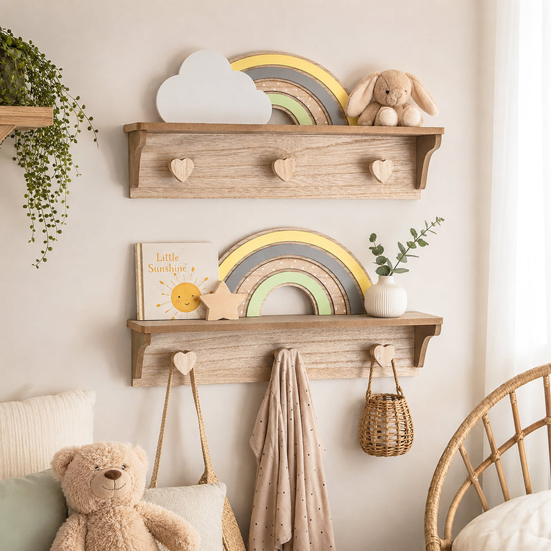 Set Of 2 Wooden Rainbow Shelves with Hooks