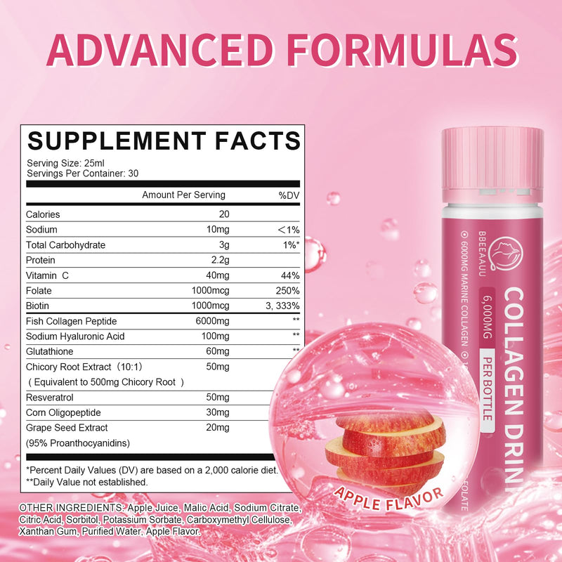 BBEEAAUU Collagen Drink 6000 mg Marine Peptides — Apple (30 x 0.85 oz)