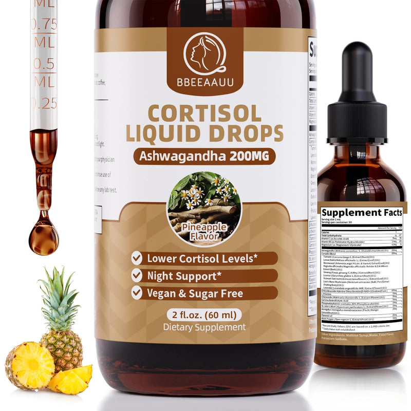 BBEEAAUU Cortisol Supplements for Women & Men | 200mg Ashwagandha, L-Theanine & Phosphatidylserine | Pineapple 60ml