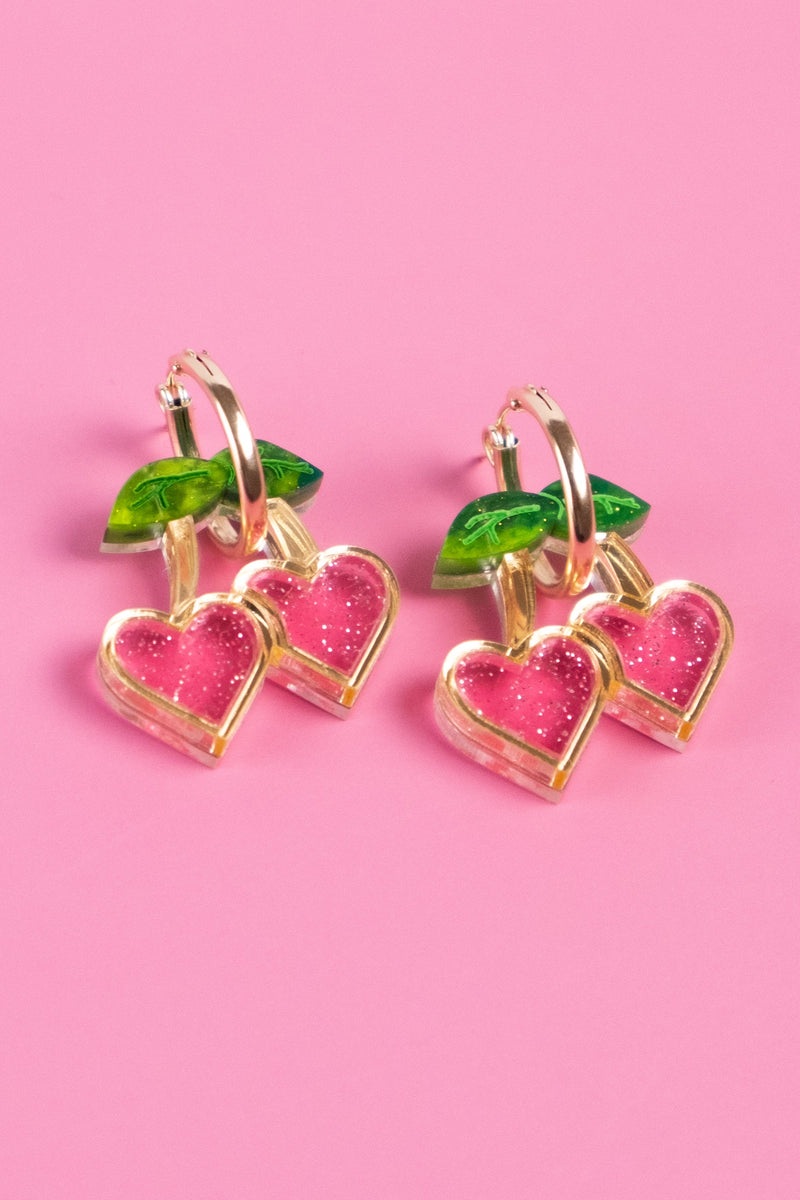 Pink Cherry Heart Hoop Earrings