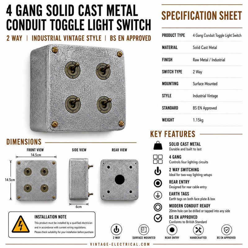 4 Gang 2 Way Solid Cast Metal Conduit Light Switch Industrial