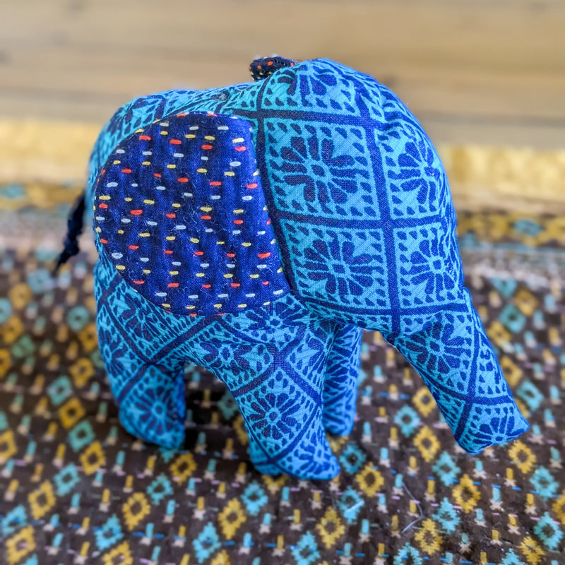 Handmade Soft Plush Elephant, Fair Trade Elephant Decor, Bengali Cotton with Kantha Stitch