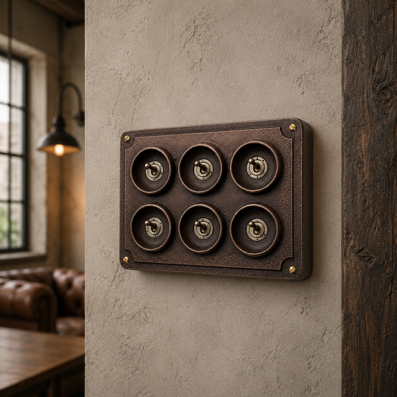 6 Gang 2 Way Antique Copper Solid Cast Metal Conduit Light Switch Industrial - Vintage Crabtree Style