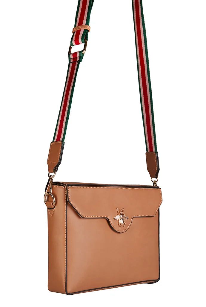 Bella Stripe Strap Crossbody Bag in Tan