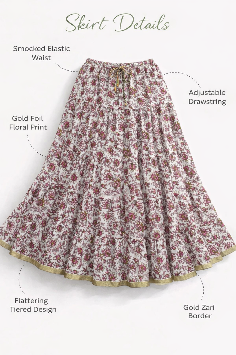 Blackfever White & Pink Floral Tiered Cotton Skirt – Free Size