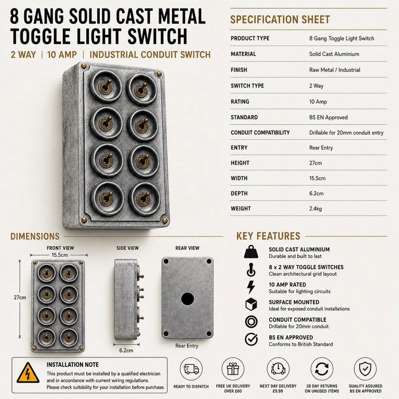 8 Gang 2 Way Solid Cast Metal Conduit Toggle Light Switch Industrial