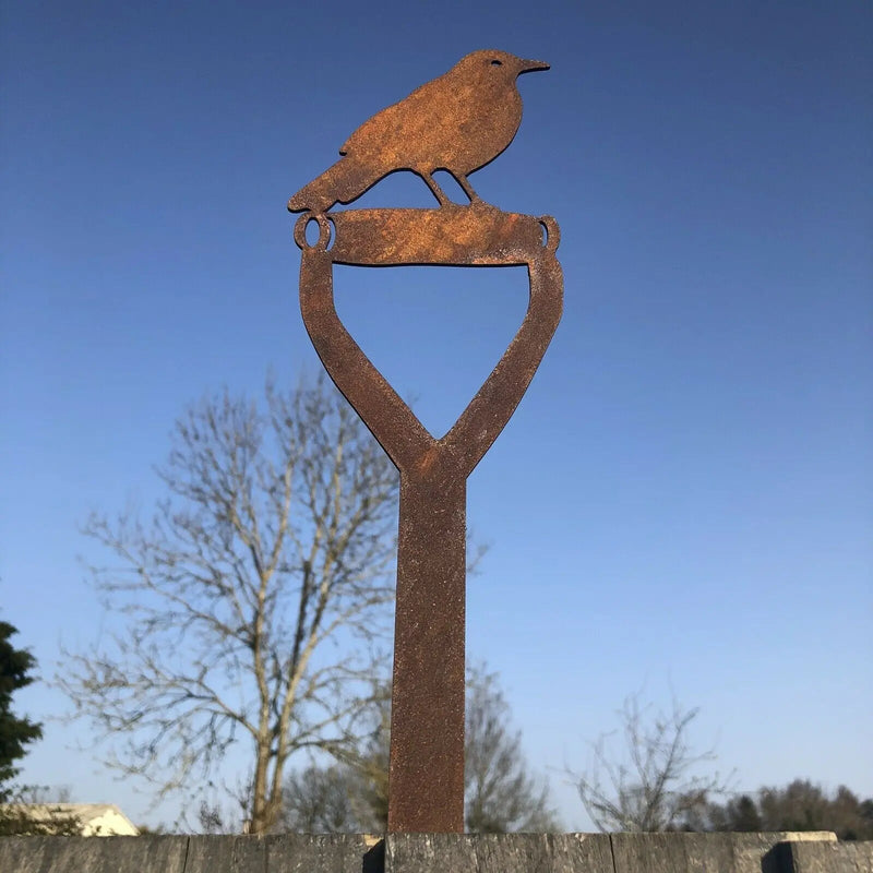 Rusty Metal Blackbird On A Spade Garden Decoration