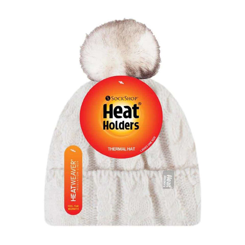 Ladies Cable Knit Fleece Lined Thermal Winter Bobble Hat with Pom Pom